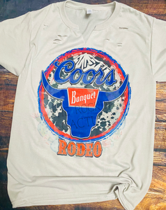 Distressed Coors rodeo-cowhide